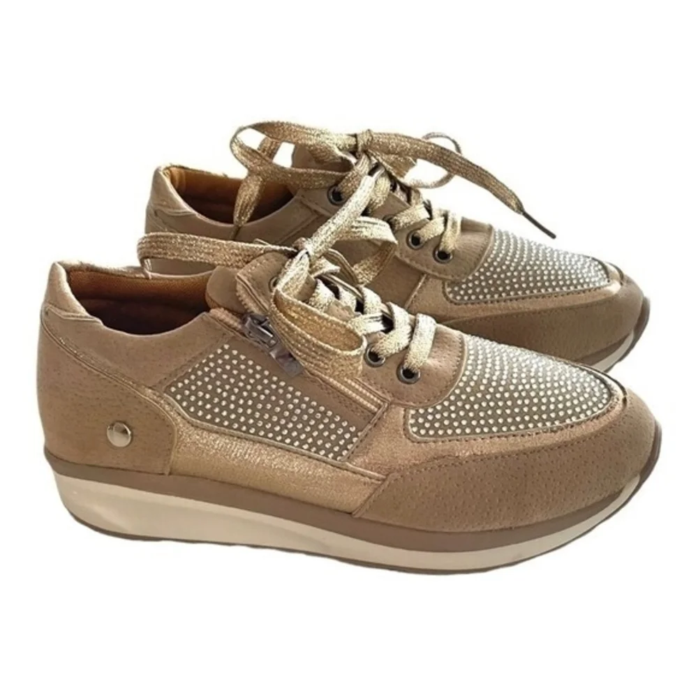 New Metallic Gold Tan White Zip Up Lace Up Bandage Trainers Women’s Size 6